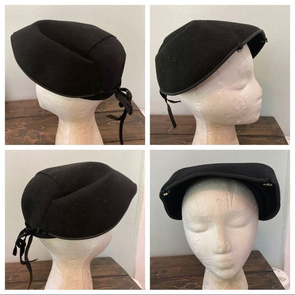 Vntg ladies Black velvet bonnet Hat w rhinestones Lazarus model Cincinnati beani - Picture 3 of 16